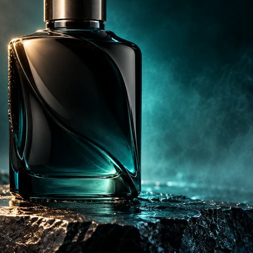 Black glass perfume bottle on wet stone