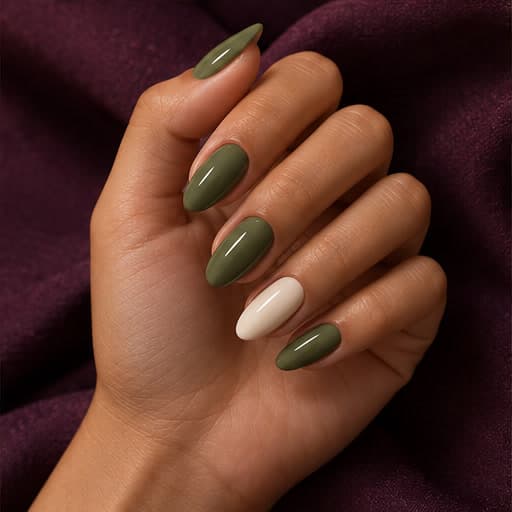 Olive green manicure on plum fabric