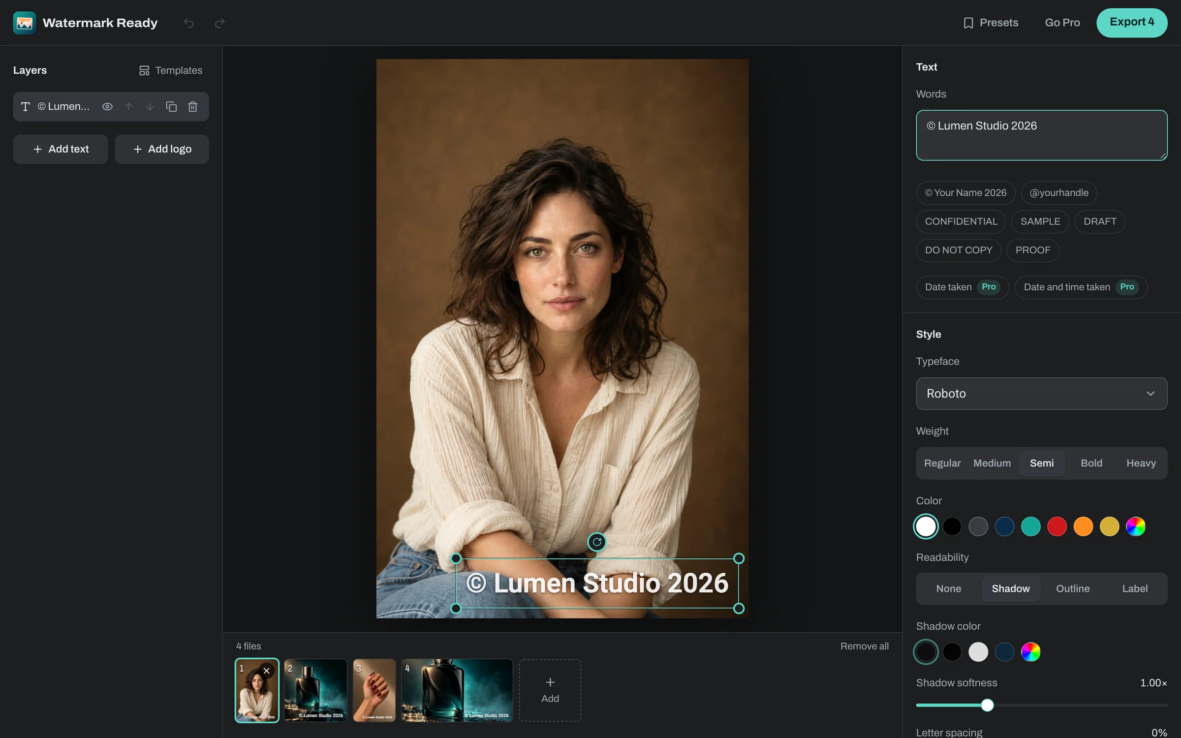 The Watermark Ready editor: a portrait on the stage with a copyright line in the corner, layers on the left, style settings on the right and the batch underneath