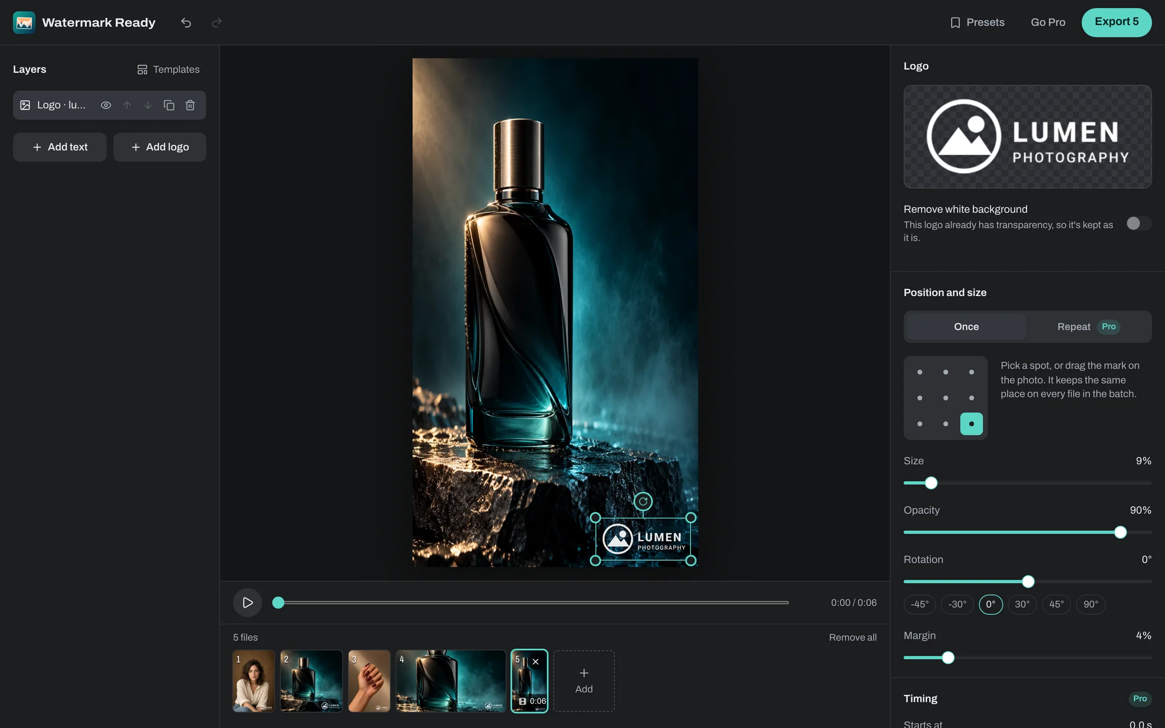 A vertical product video in the editor with a logo in the corner and the playback bar underneath